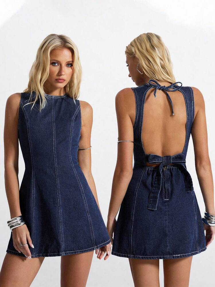 Jeanoix Women's Versatile Backless Tie Strap Sleeveless Denim Dress Night Out Navy Blue Summer | SHEIN