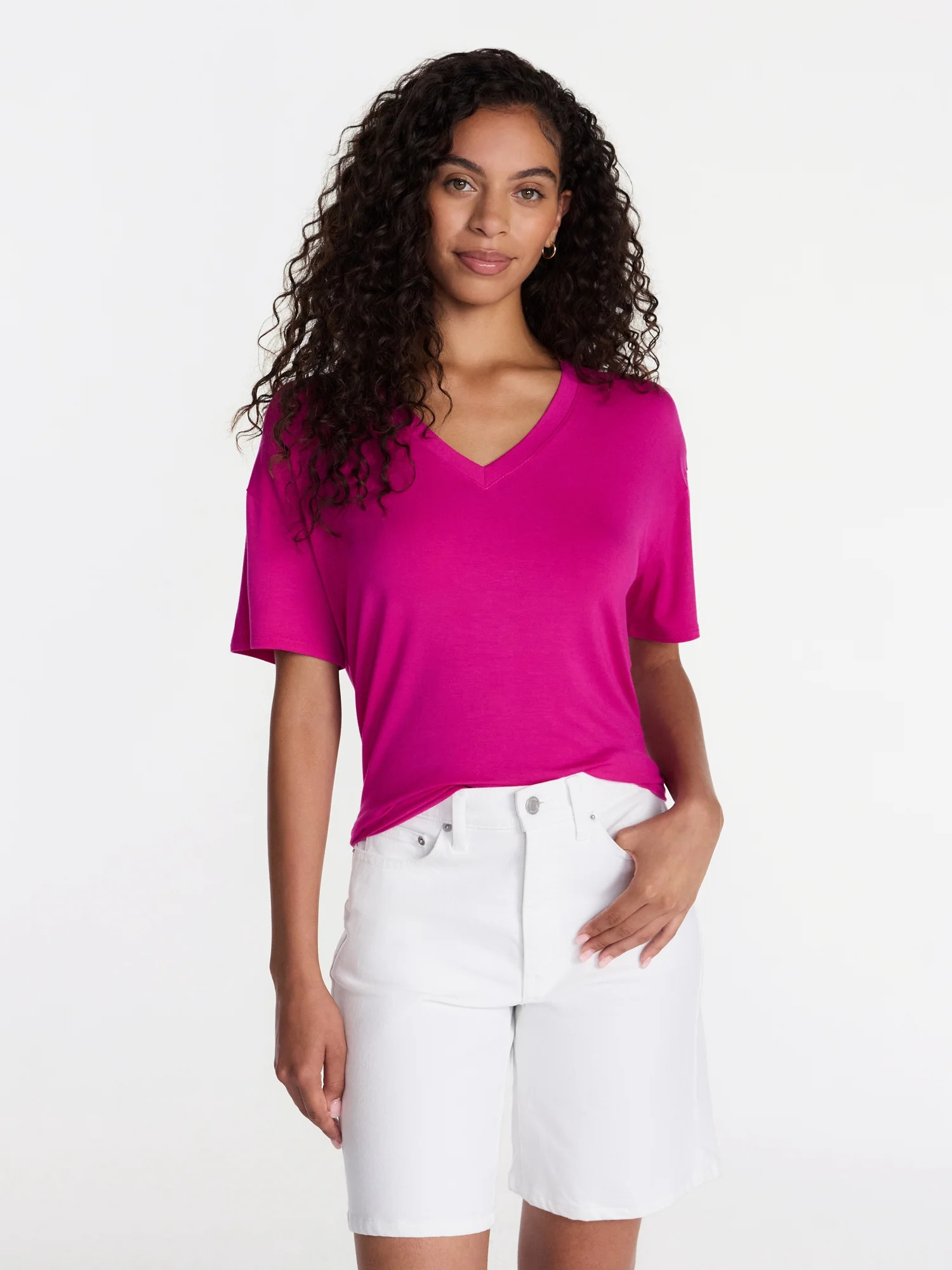 Time and Tru Women's V-Neck Tunic Tee with Short Sleeves, Sizes XS-XXXL | Walmart (US)