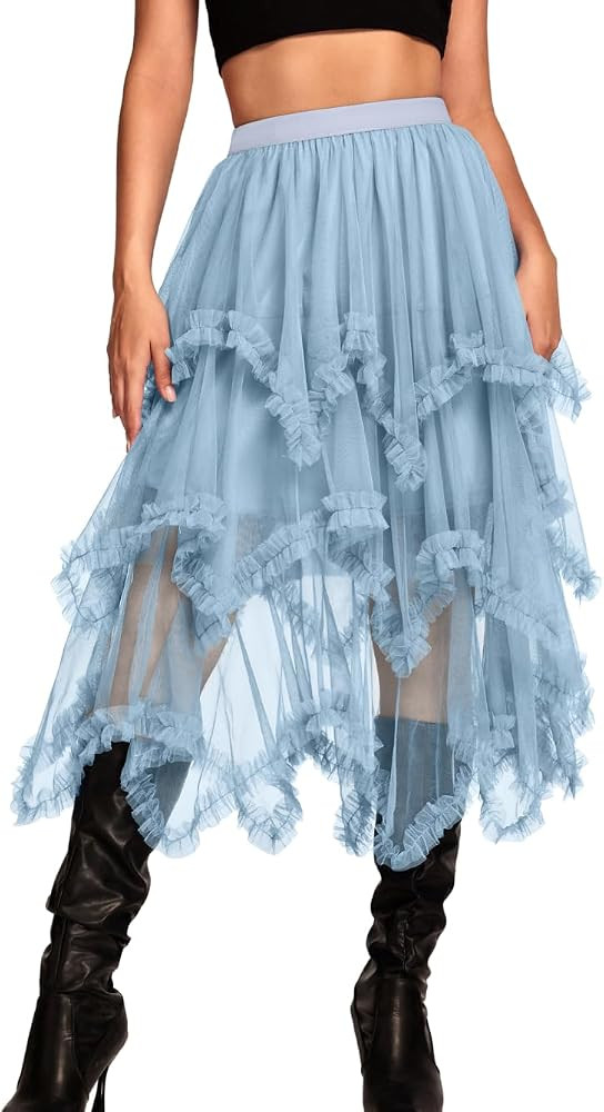Kaei&Shi Long Tulle Skirt,High Waisted Asymmetrical Ruffle Skirts for Women,Renaissance Fairy Cos... | Amazon (US)