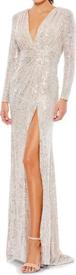 Mac Duggal Long Sleeve Sequin Faux Wrap Gown | Nordstrom | Nordstrom