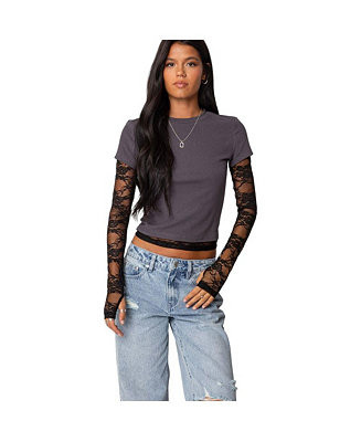 Edikted Womens Layered Lace Sleeve T Shirt - Macy's | Macy's