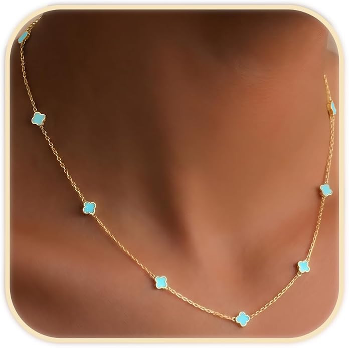 Billet-doux 14K Dainty Gold Plated Tiny Clovers Necklace For Women, Colorful Dainty Very Small 4-... | Amazon (US)