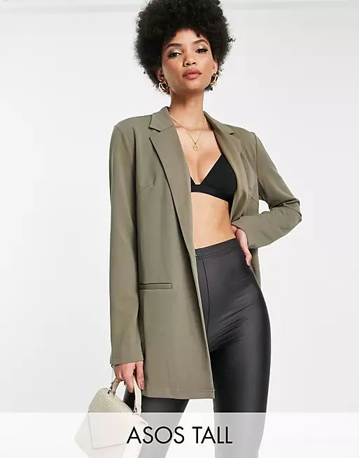 ASOS DESIGN Tall jersey slouch suit blazer in moss | ASOS (Global)