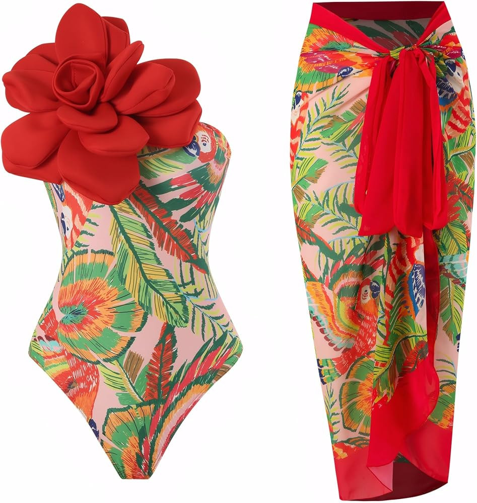 One Shoulder Swimsuits for Women 3D Flower Decoration One Piece Swimsuit with Cover up Set | Amazon (US)