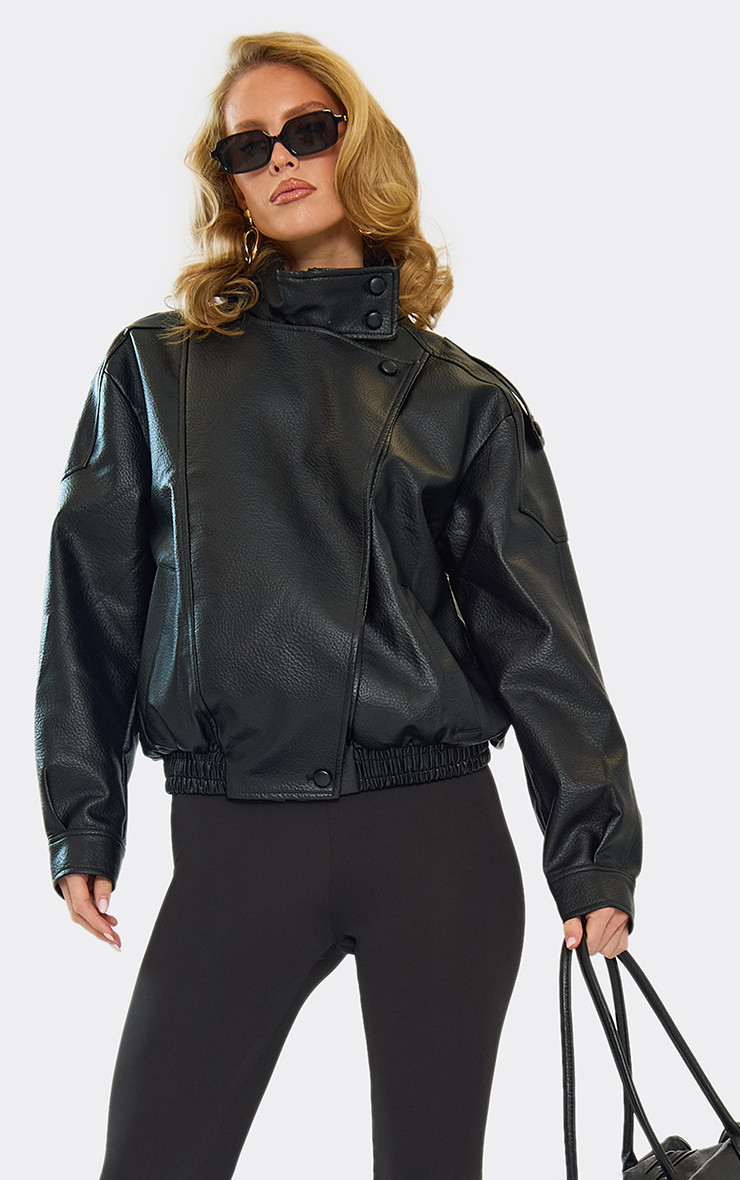 Funnel Neck Bomber Jacket In Black Textured Faux Leather | EGO (UK)