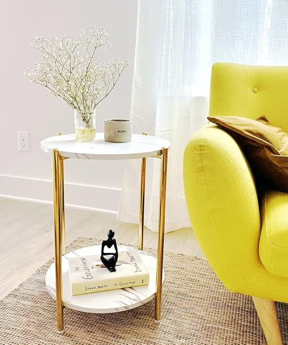 Round End Table with Faux Marble Top, 2-Tier Gold Side Table | Amazon (US)