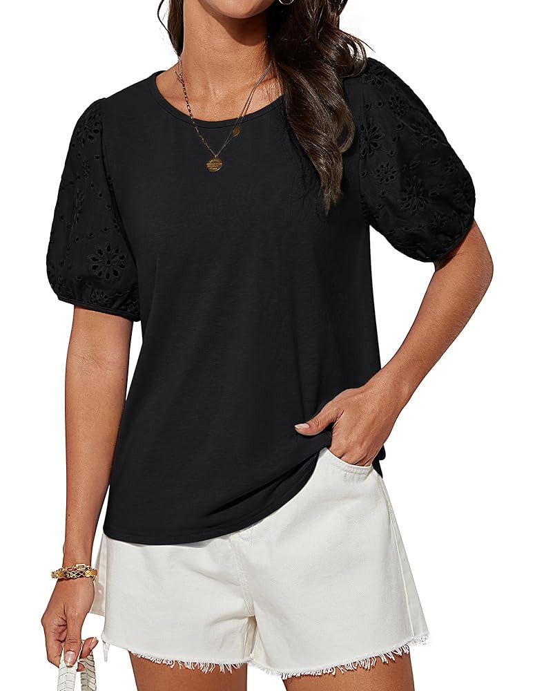 GRACE KARIN Short Sleeve Casual Tops for Women Dressy Summer Crewneck Puff Loose Fit Eyelet Top L... | Amazon (US)