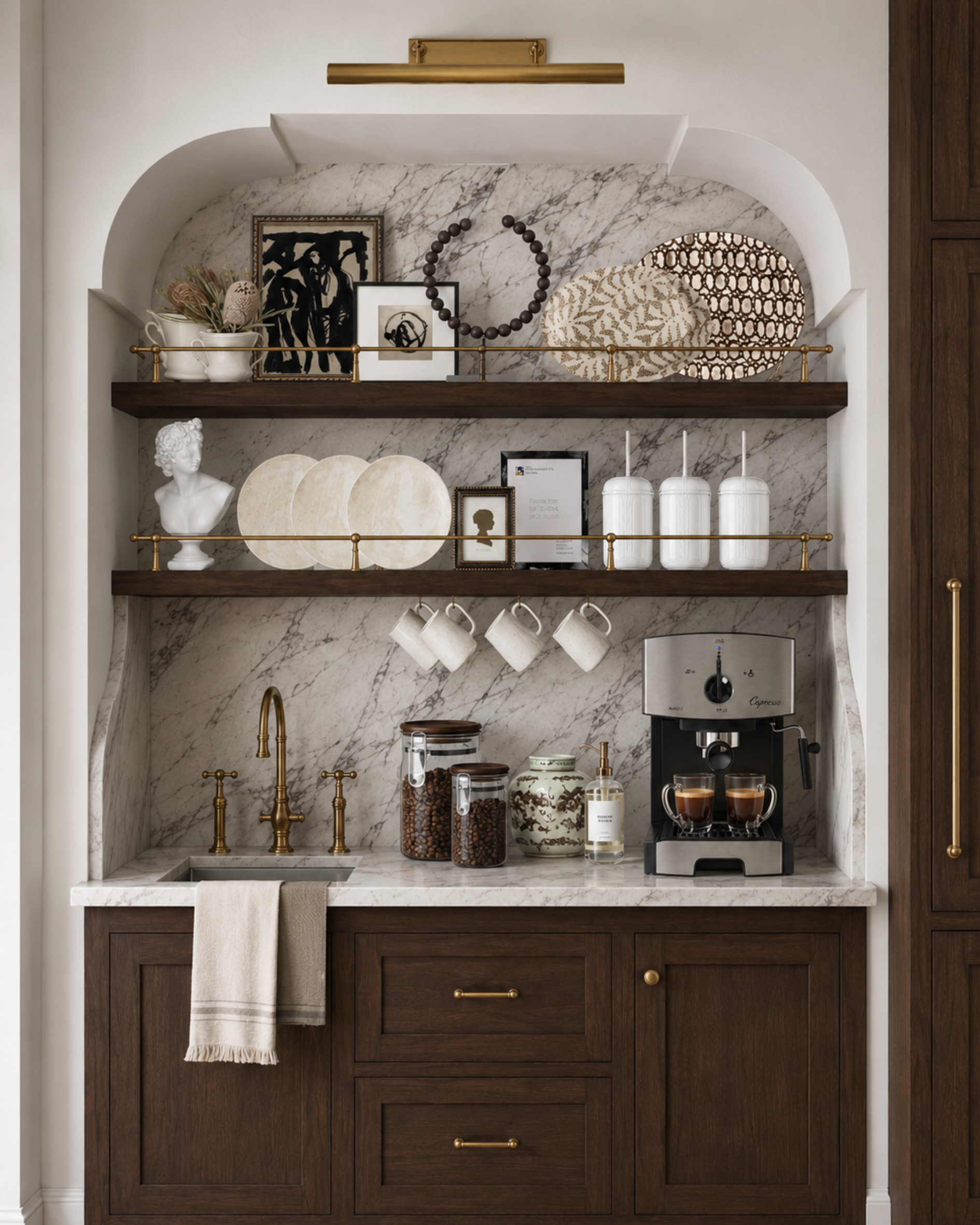 This coffee bar is such a good example of why layers matter: warm wood, marble veining, brass rails, collected ceramics, art, glass jars, and a functional espresso setup that still feels styled. The goal is practical, but beautiful.

I may receive a commission from items purchased through my links. 

 #LTKHome