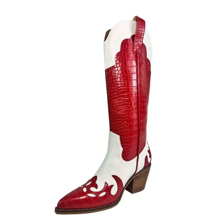 ARider Girl ARiderGirl Pamela Women's Western Cowboy Knee-High Booties Embordged Croco Printed Stacked Heel Pointed Toe Boots | SHEIN