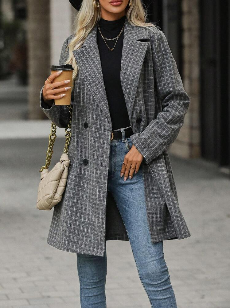 SHEIN Clasi Plaid Double Breasted Overcoat | SHEIN