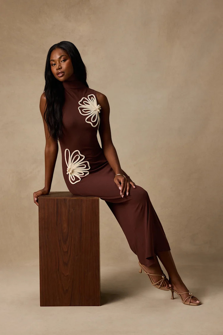 Eviee Brown Sweater Knit Embroidered Midi Dress | Lulus