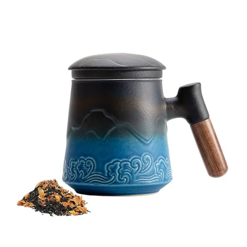 ZENS Tea Cup with Infuser and Lid, 15.2oz Embossed Blue Tea Mug for Loose Leaf Tea Steeper, Wood Handle Tea Cup with Fine Mesh Tea Strainers for Hot Tea Diffusers Accessories for Tea Lovers Gifts | Amazon (US)