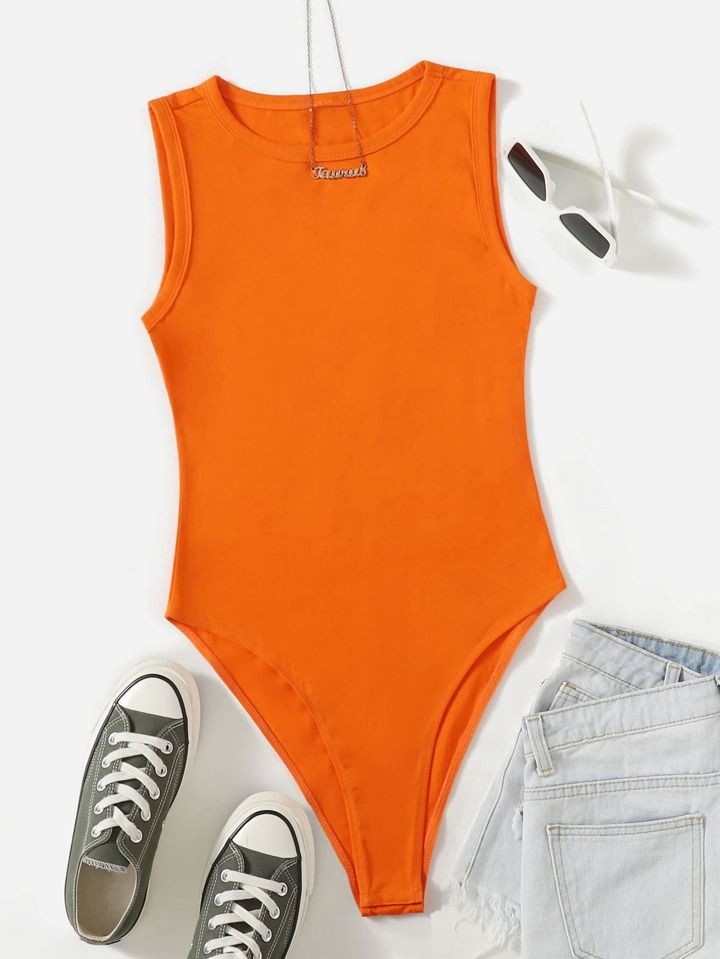 SHEIN EZwear Summer Neon Orange Solid Skinny 
Round Neck Bodysuit | SHEIN