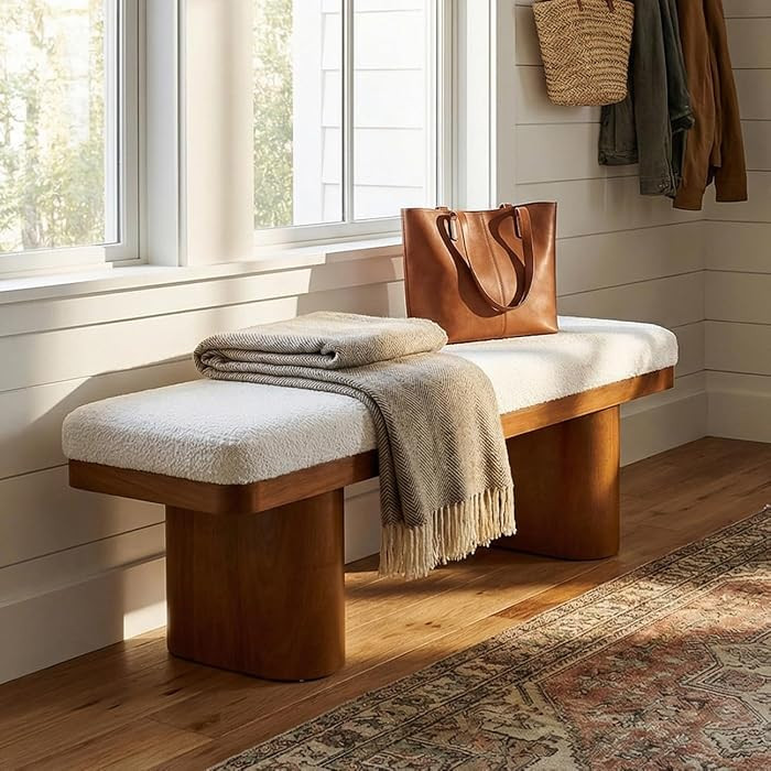 Merax 47.5" End of Bed Bench with Wooden Legs, Teddy Velvet Upholstery Entryway Bench for Bedroom... | Amazon (CA)