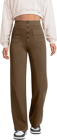 keriffe Women's Straight Leg Pants High Waisted Button Stretchy Business Work Casual Trousers Mul... | Amazon (US)