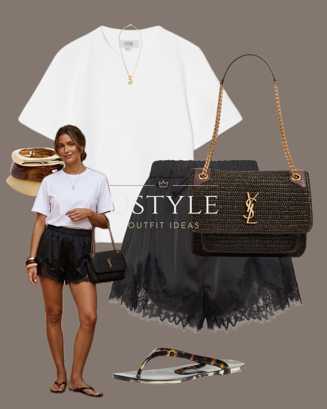 Pairing a crisp, oversized white tee with these gorgeous black satin lace-trim shorts for a look that's equal parts cozy and chic. Styled with a woven YSL shoulder bag and tortoise flip-flops.

tags: Black lace satin shorts, oversized white t-shirt, YSL raffia bag, summer streetwear.

#LTKootd