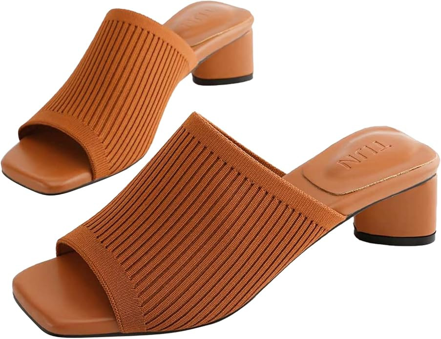 TIJN Open Toe Heeled Mules for Women Square Low Block Heels Sandals Breathable Knit Slides Sandal... | Amazon (US)