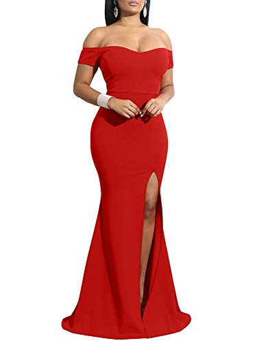 YMDUCH Damenkleid, schulterfrei, hochgeteilt, lang, formell, Partykleid, Abendkleid, Rot/Ausflug, einfarbig (Getaway Solids), X-Groß | Amazon (DE)