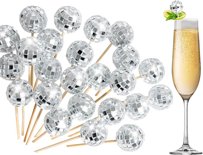 100 Pcs Disco Ball Cocktail Picks, 4.7 Inch Silver Mirror Ball Fancy Toothpicks Wooden Cocktail S... | Amazon (US)