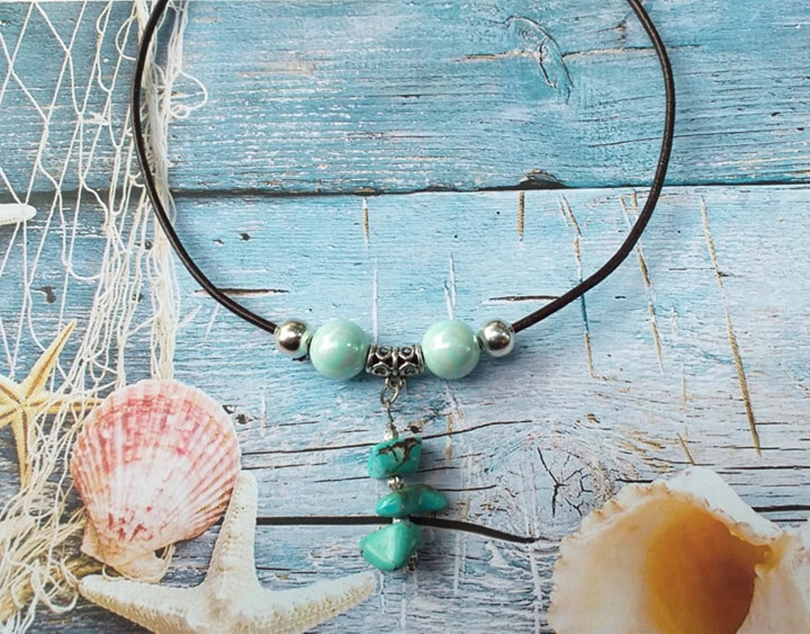 Turquoise Necklace Leather Necklace Boho Necklace Bohemian Necklace Silver Necklace Gemstone Neck... | Etsy (US)