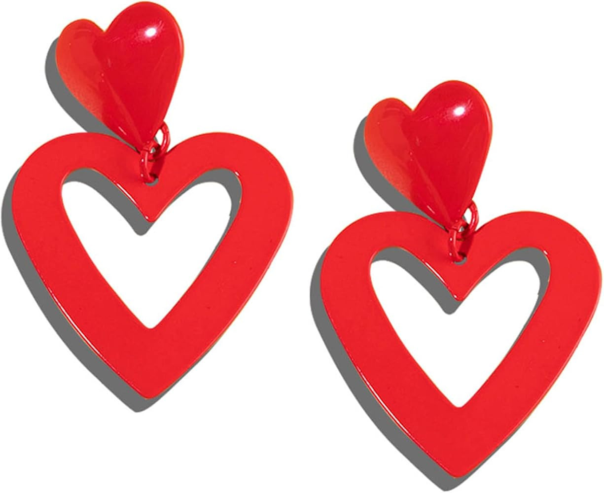 Dreuyet Double Heart Dangle Earrings 80s Classic Retro Hearts Dangling Earrings for Women Pink Wh... | Amazon (US)