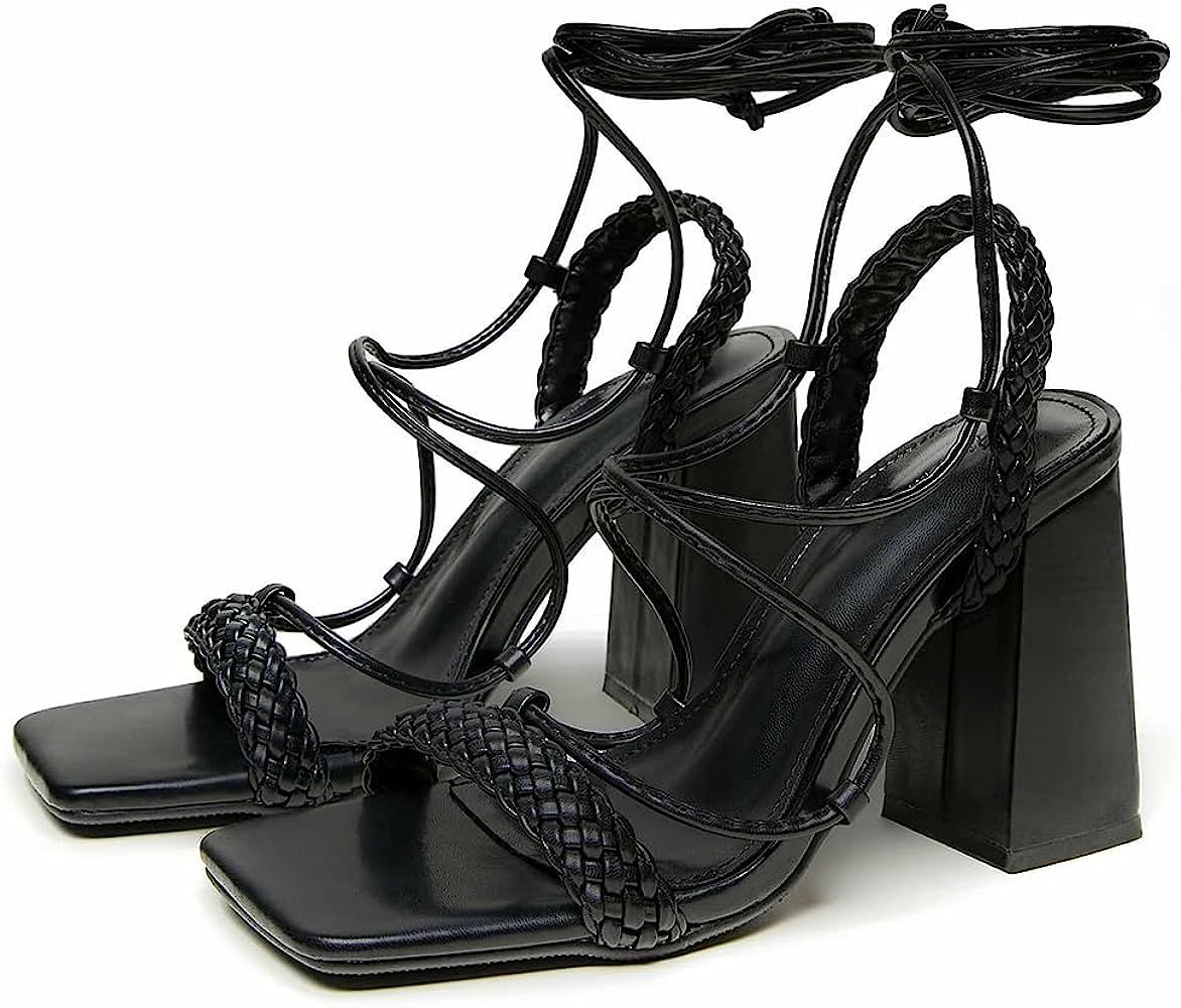 Riekhany Womens Square Toe Strappy Heels Woven Strap Lace Up Chunky Heel Sandals | Amazon (US)