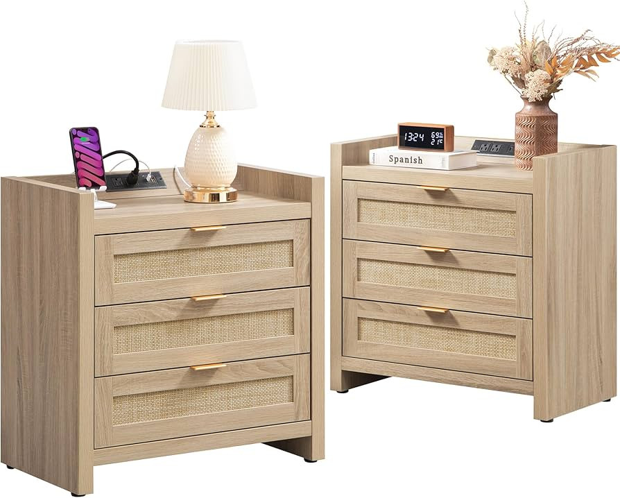 SICOTAS Rattan Nightstands Set of 2 Bedside Table - Larger Night Stand with Type-C Charging Stati... | Amazon (US)