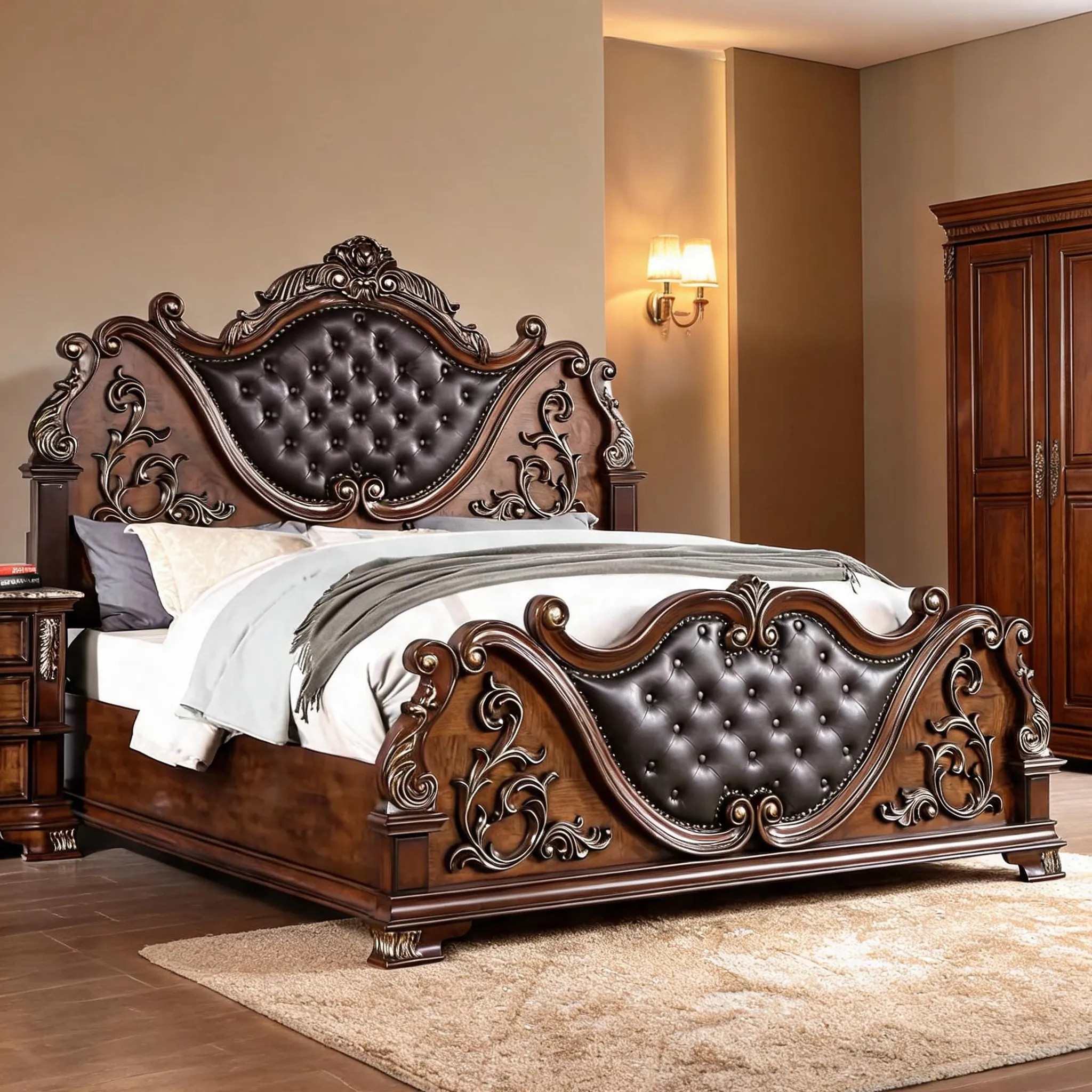 SunJet California King Tufted Bed with Faux Leather Upholstery Warm Brown Finish Traditional High-Profile Frame one_size | RE3X607AYEP7 | Lowe's