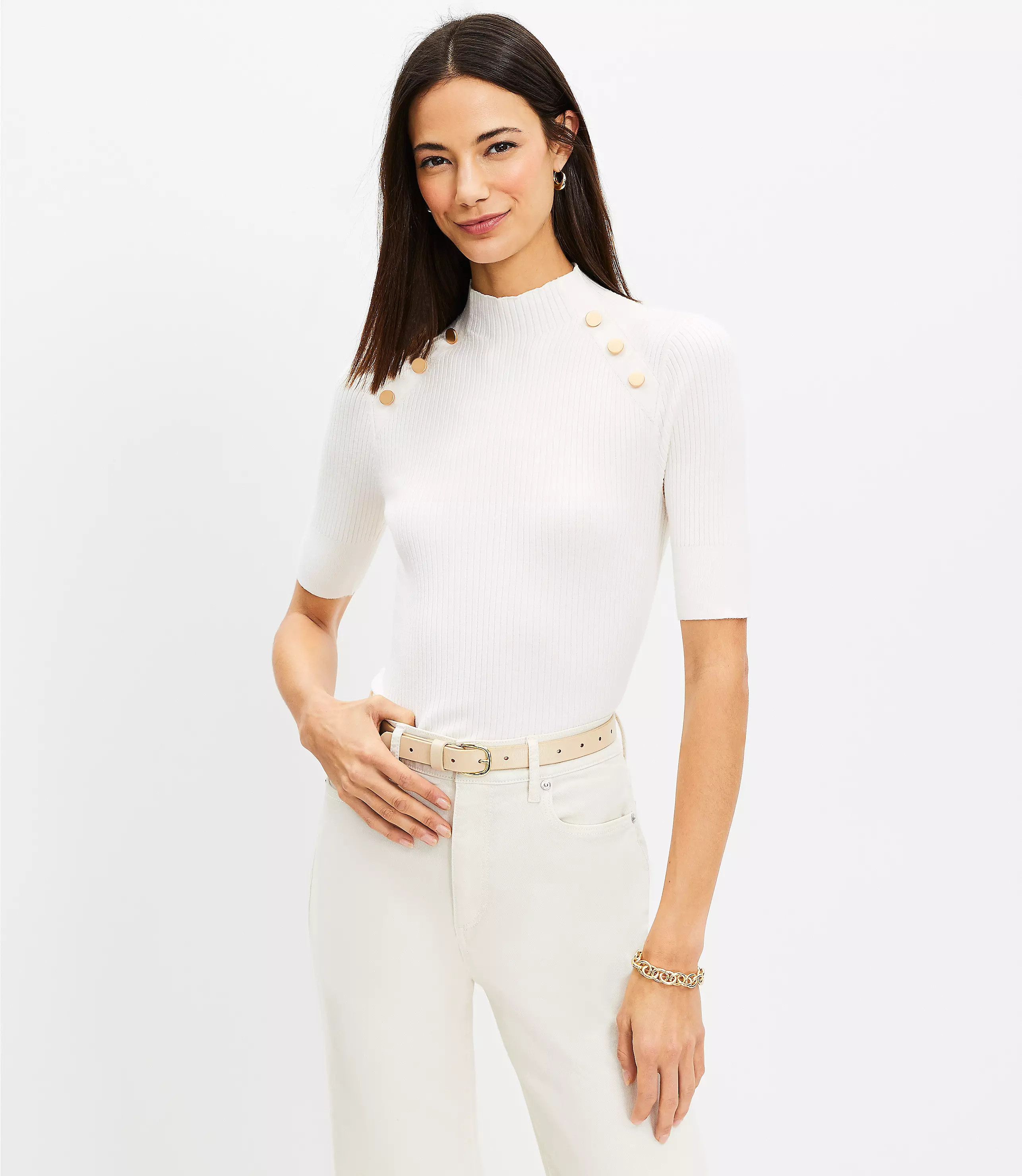 Ribbed Shoulder Button Mock Neck Sweater | LOFT