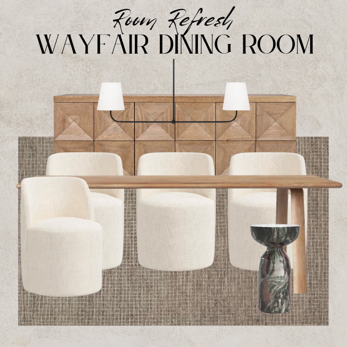 Wayfair dining room refresh. Modern organic dining room, transitional dining room, French country dining room, upholstered dining chairs, black marble end table, white oak dining table, black linear chandelier, traditional lighting, dresser, wood sideboard, wooden cabinet, dark brown rug, checkered rug #wayfair #wayfairsale #wayday #waydaysale #ltksale

#LTKSeasonal #LTKhome #LTKHolidaySale