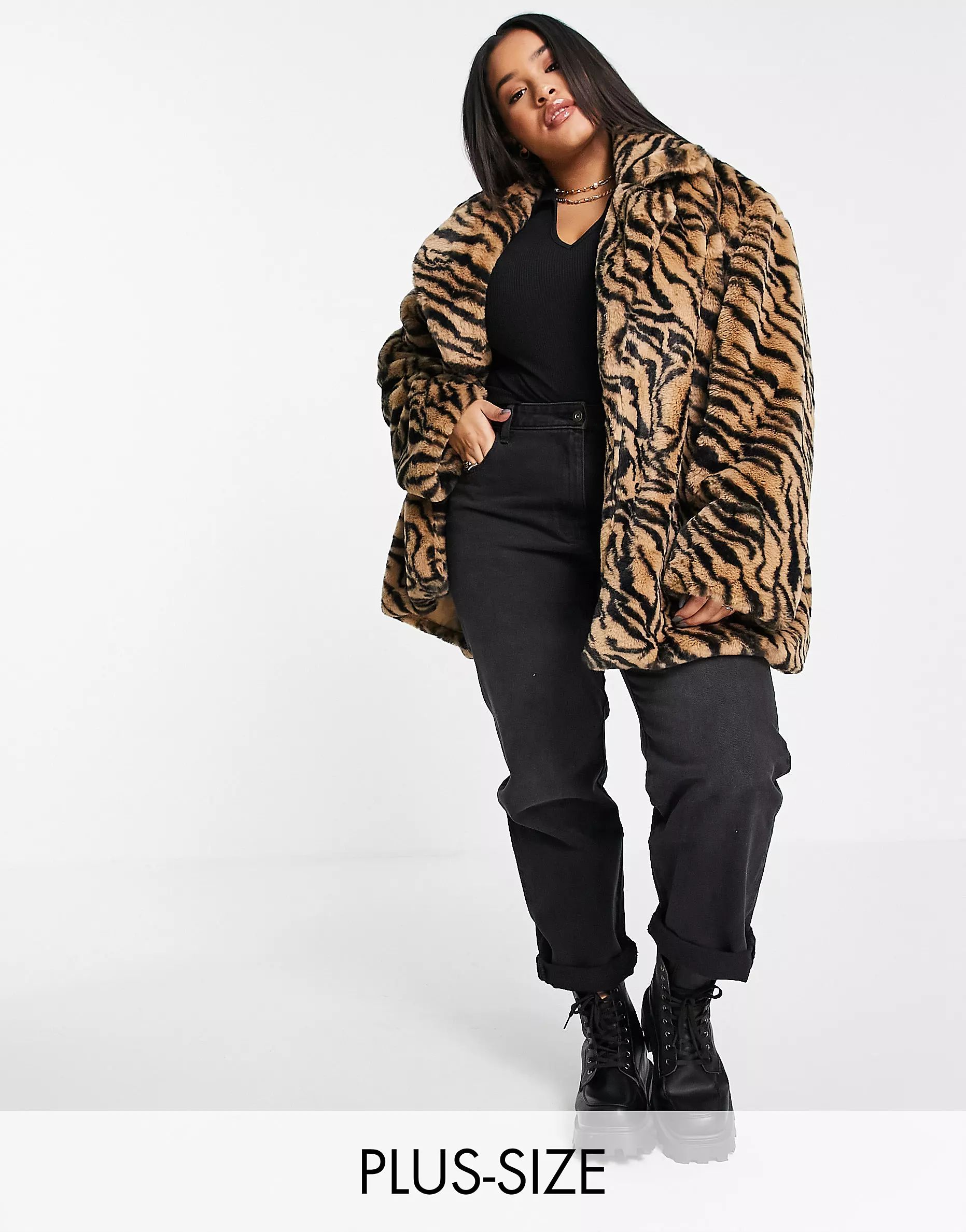 Daisy Street Plus relaxed belted faux fur jacket in tiger | ASOS (Global)
