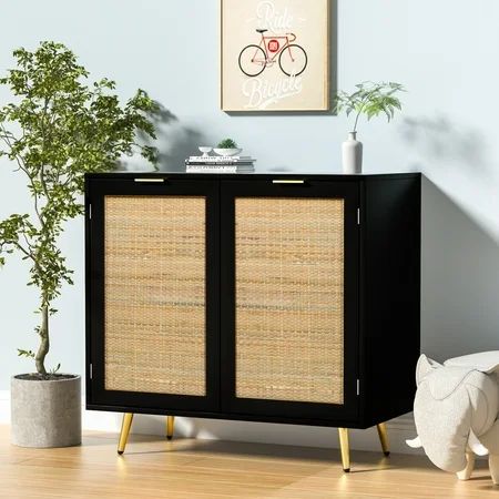 Eumyviv 31.5 Height Accent Cabinet with 2 Rattan Doors Mid-Century Storage Sideboard and Buffet Cupboard Black Kitchen Furniture H0060 | Walmart (US)