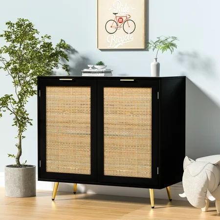 Eumyviv 31.5 Height Accent Cabinet with 2 Rattan Doors Mid-Century Storage Sideboard and Buffet Cupboard Black Kitchen Furniture H0060 | Walmart (US)