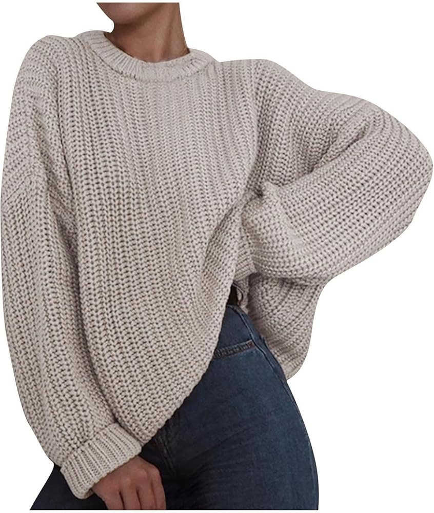 CFDRFGH Women's Chunky Knit Crewneck Sweaters 2023 Trendy Causal Long Sleeve Sweater Winter Soft ... | Amazon (US)