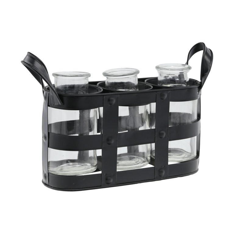 Metal Bud Vase Holder with 3 Glass Bottles and Side Handles,Set of 2, Black | Walmart (US)