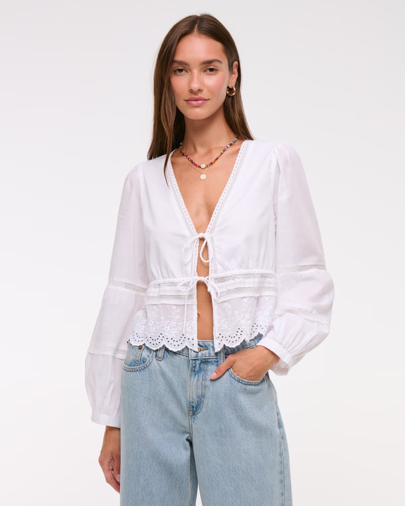 Long-Sleeve Lace Tie-Front Top | Abercrombie & Fitch (US)