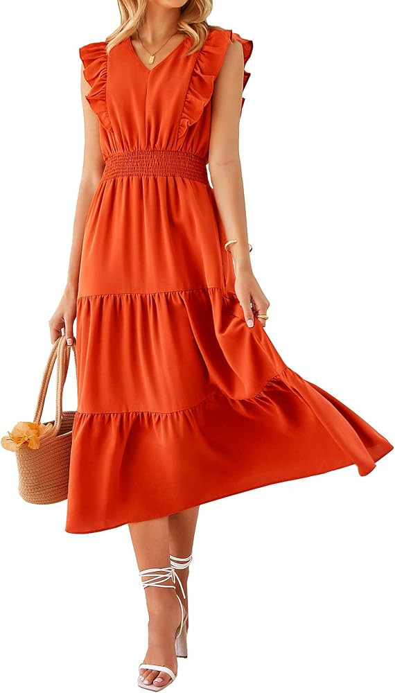 BTFBM Women's Ruffle Trim Sleeveless V Neck Maxi Long Dress Elastic Waist Pleated Swing Aline Ele... | Amazon (US)