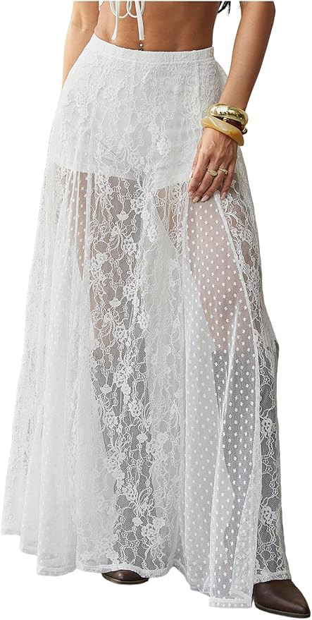 MakeMeChic Women's Lace Mesh Sheer Maxi Skirt Floral Ruffle See Through Long Skirts with Shorts C... | Amazon (US)