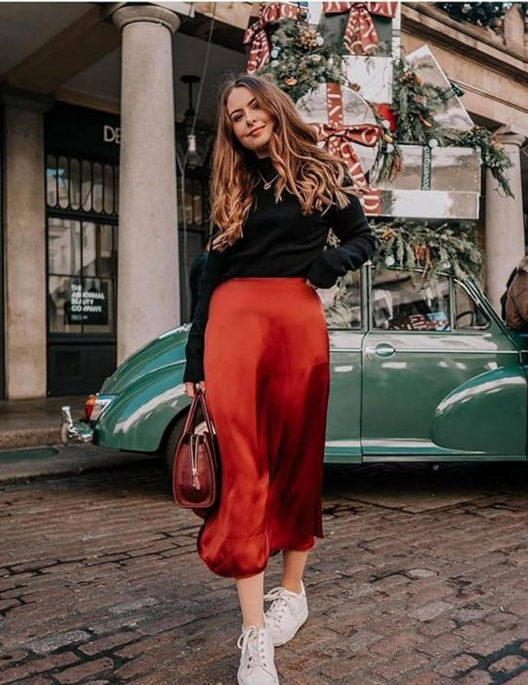 Zeagoo Womens Midi Skirt High Waisted Solid Satin Dress Zipper Elegant Work Skirts | Amazon (US)