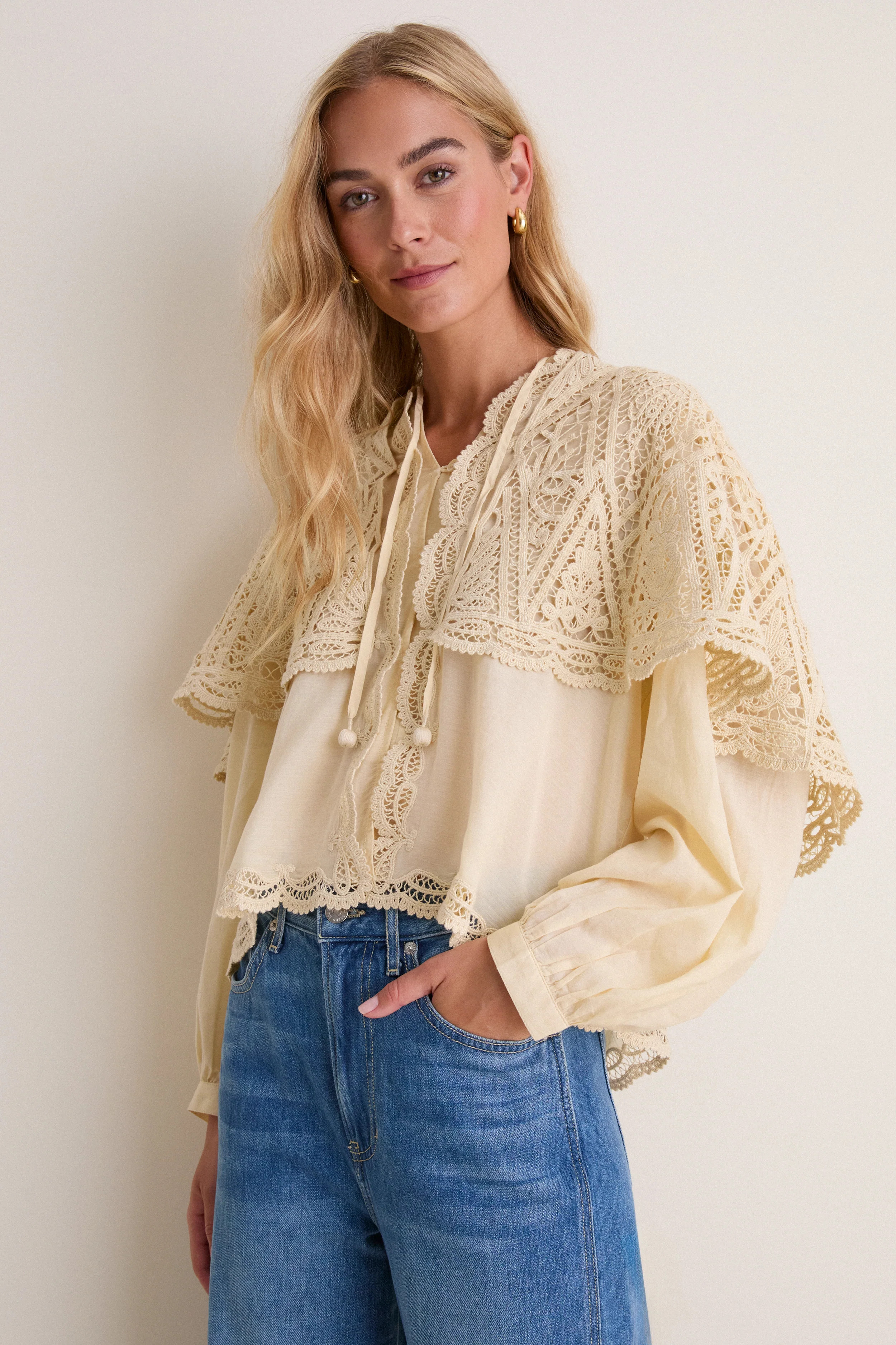 Cream Vali Embroidery Long Sleeve Cape Top | Tuckernuck (US)