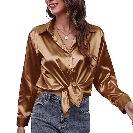 JGGSPWM Womens 2022 Fall Fashion Satin Shirts Solid Bowknot Front Blouse Lapel Long Sleeve Button Tu | Walmart (US)