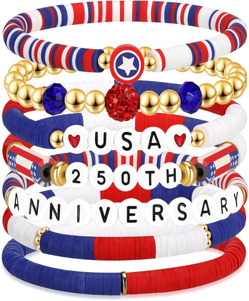 Joyline 4th of July Gifts for Men Women Teens Patriotic American Flag Red White Blue Beaded Stret... | Amazon (US)