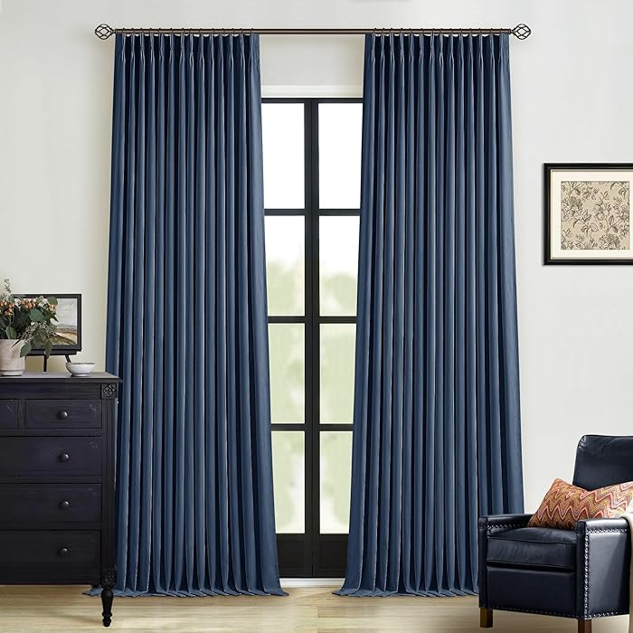 Indigo Navy Pleated Linen Blackout Curtains 90 Inches Long for Bedroom Living Room Pinch Pleat Bl... | Amazon (US)