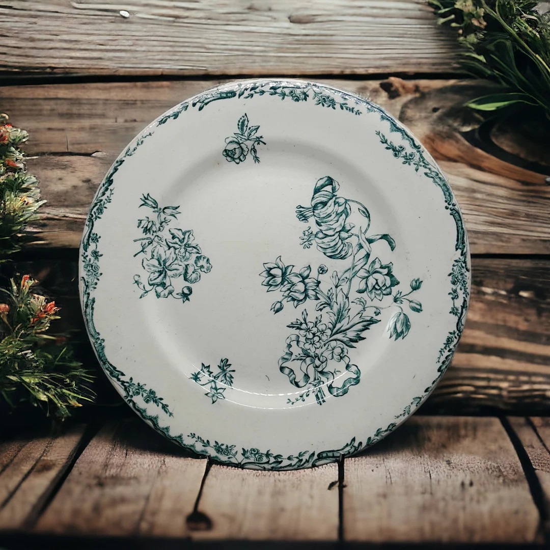 Antique French Salins Dinner or Luncheon Ironstone Plate Collection SAXE 1800s Green Floral Trans... | Etsy (US)