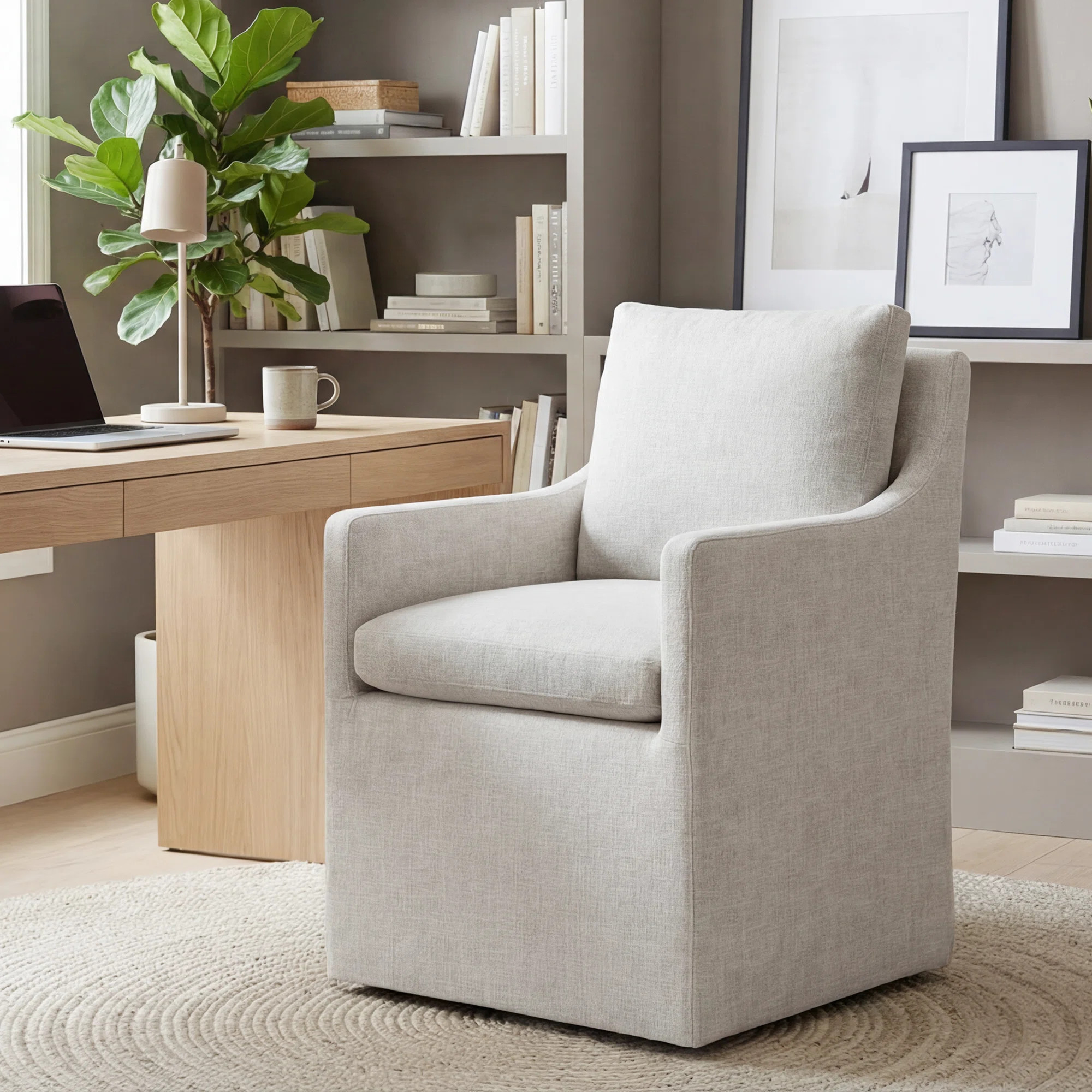 24" Wide Linen Upholstered Down Fill Mid-Century Modern Office Casters Extra Seat Padding Desk | Wayfair North America