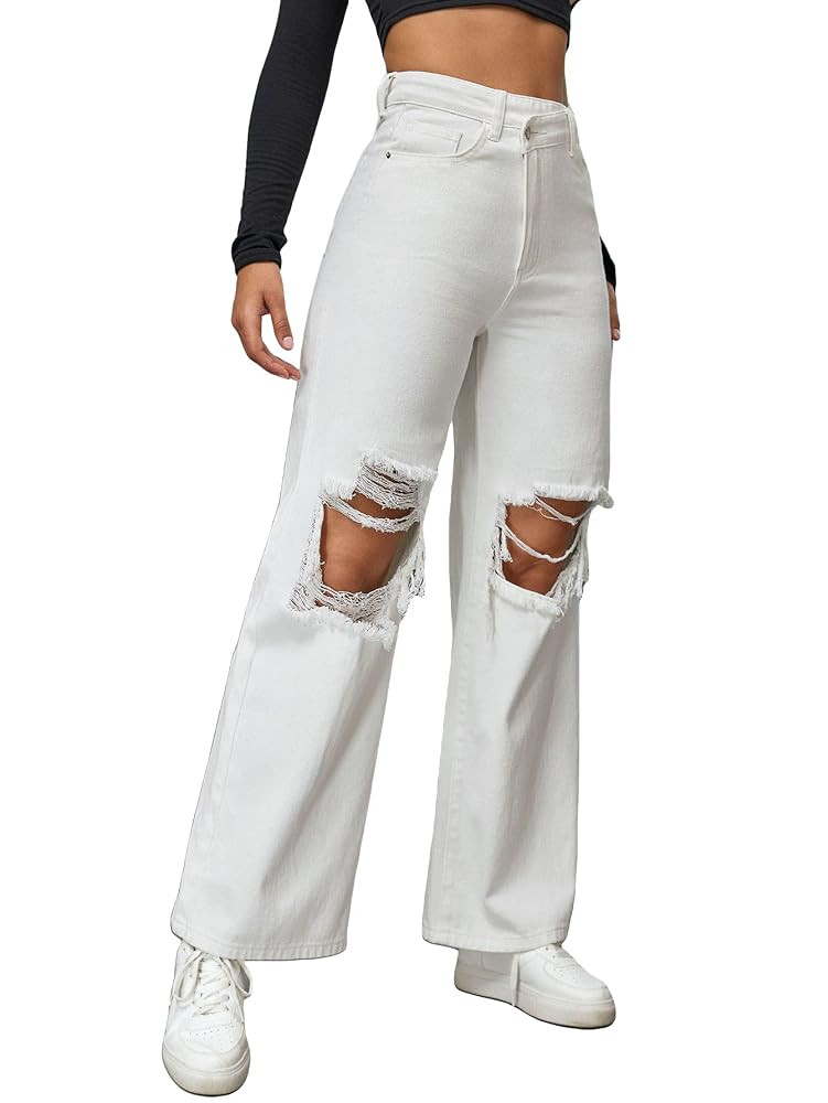 WDIRARA Women's Ripped Baggy Jeans High Waist Straight Leg Denim Pants | Amazon (US)