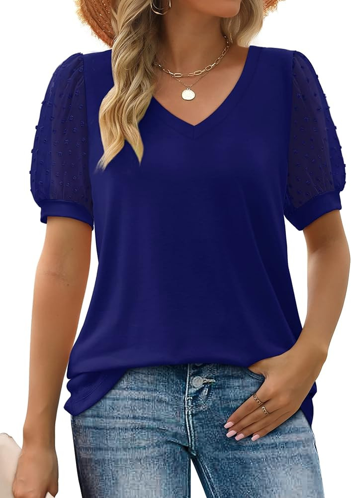 Aokosor Womens Summer Tops V Neck T Shirts Swiss Dot Puff Sleeve Tops Loose Casual Tshirts | Amazon (US)