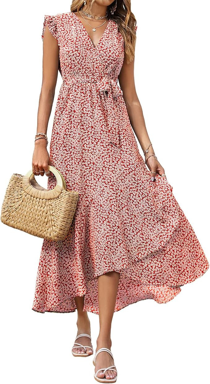 BTFBM Women Summer Dresses 2023 Ruffle Cap Sleeve V Neck Belt Wrap Split Boho Floral Long Casual ... | Amazon (US)