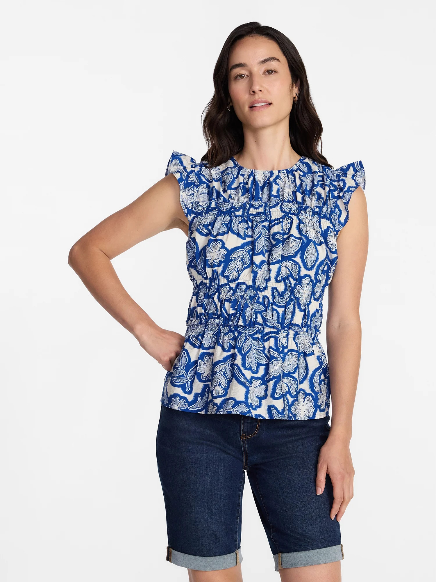 Time and Tru Women's Sleeveless Smocked Top with Ruffle Trim, Sizes XS-XXXL - Walmart.com | Walmart (US)