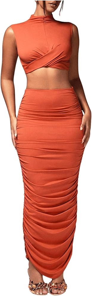 Women's Sexy 2 Piece Outfits Solid Mock Neck Criss Cross Crop Top Tank Top and Ruched Maxi Skirt ... | Amazon (US)